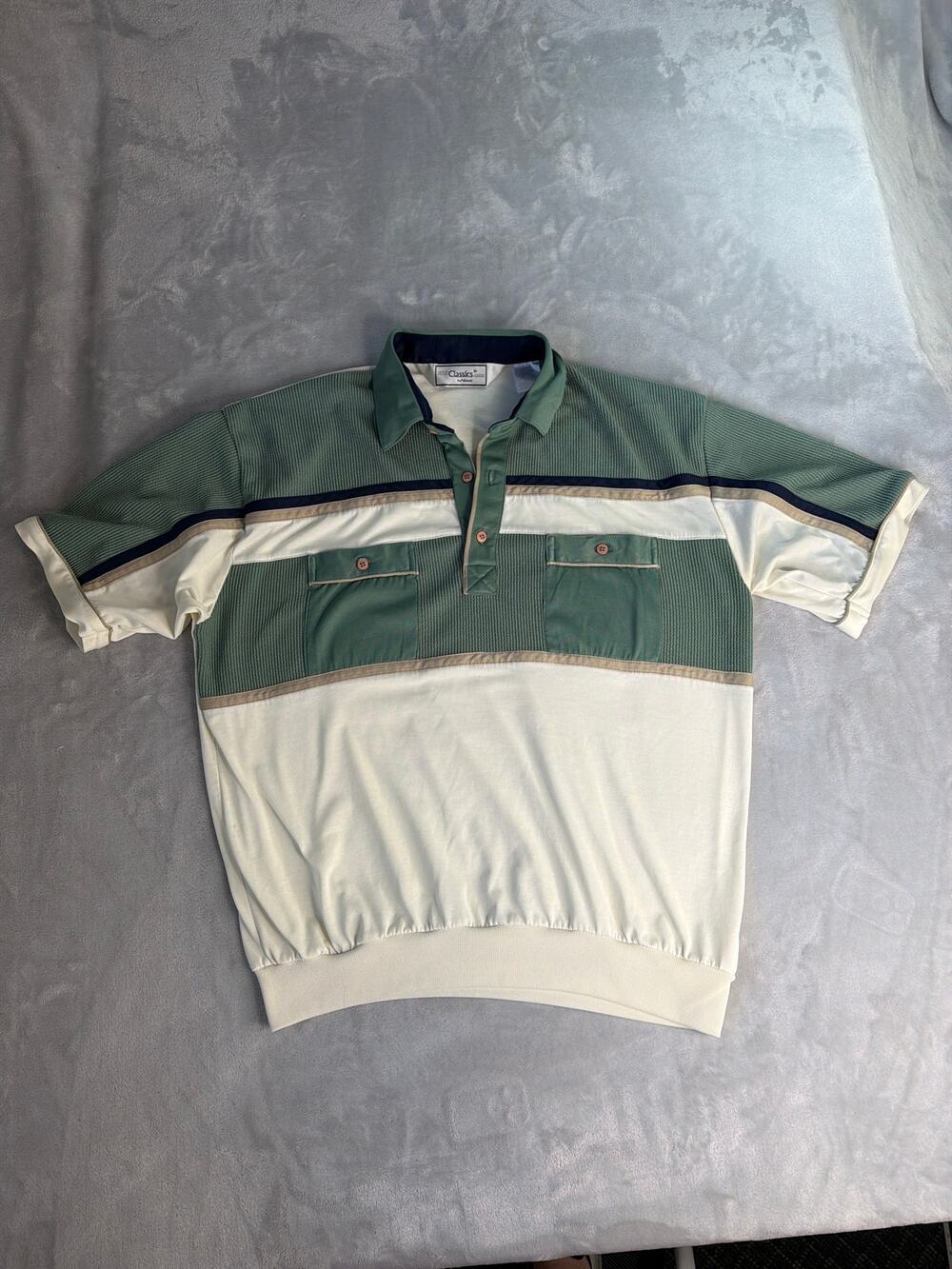 Vintage Palmland Knit Polo Shirt Mens Large Green Striped Banded Bottom Casual